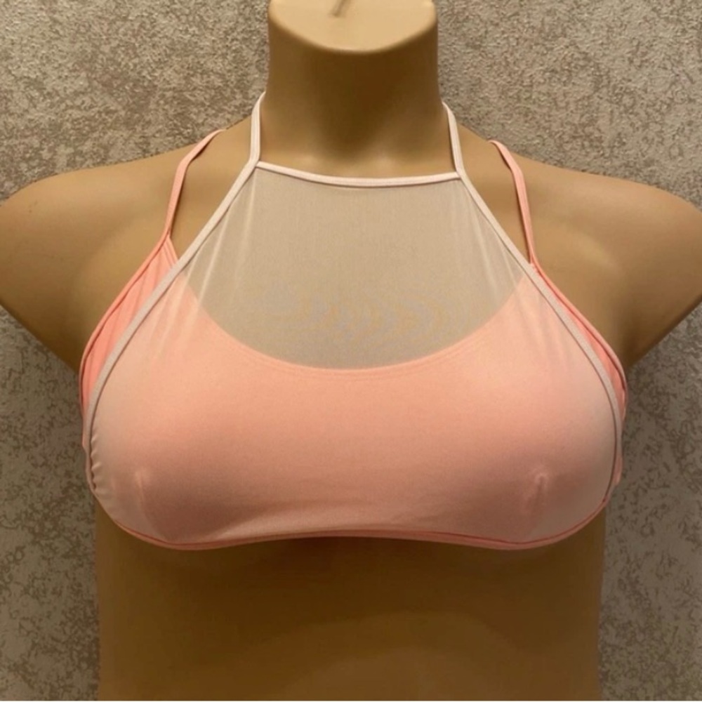 aerie Pale Peach High-Neck Mesh Overlay Halter Bikini Top